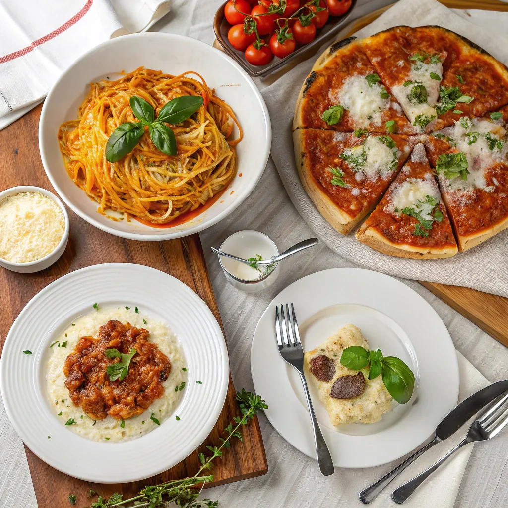 A variety of Italian dishes beautifully arranged